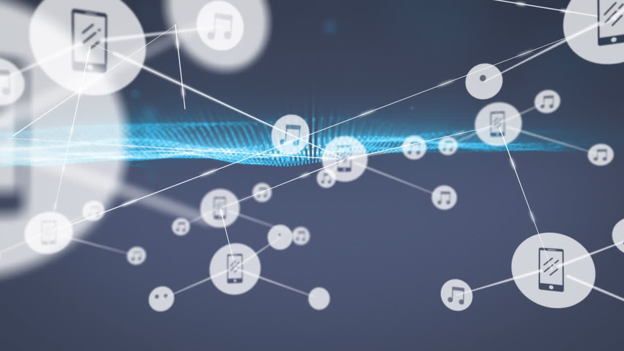Animation of network of connections with icons and mesh over blue background