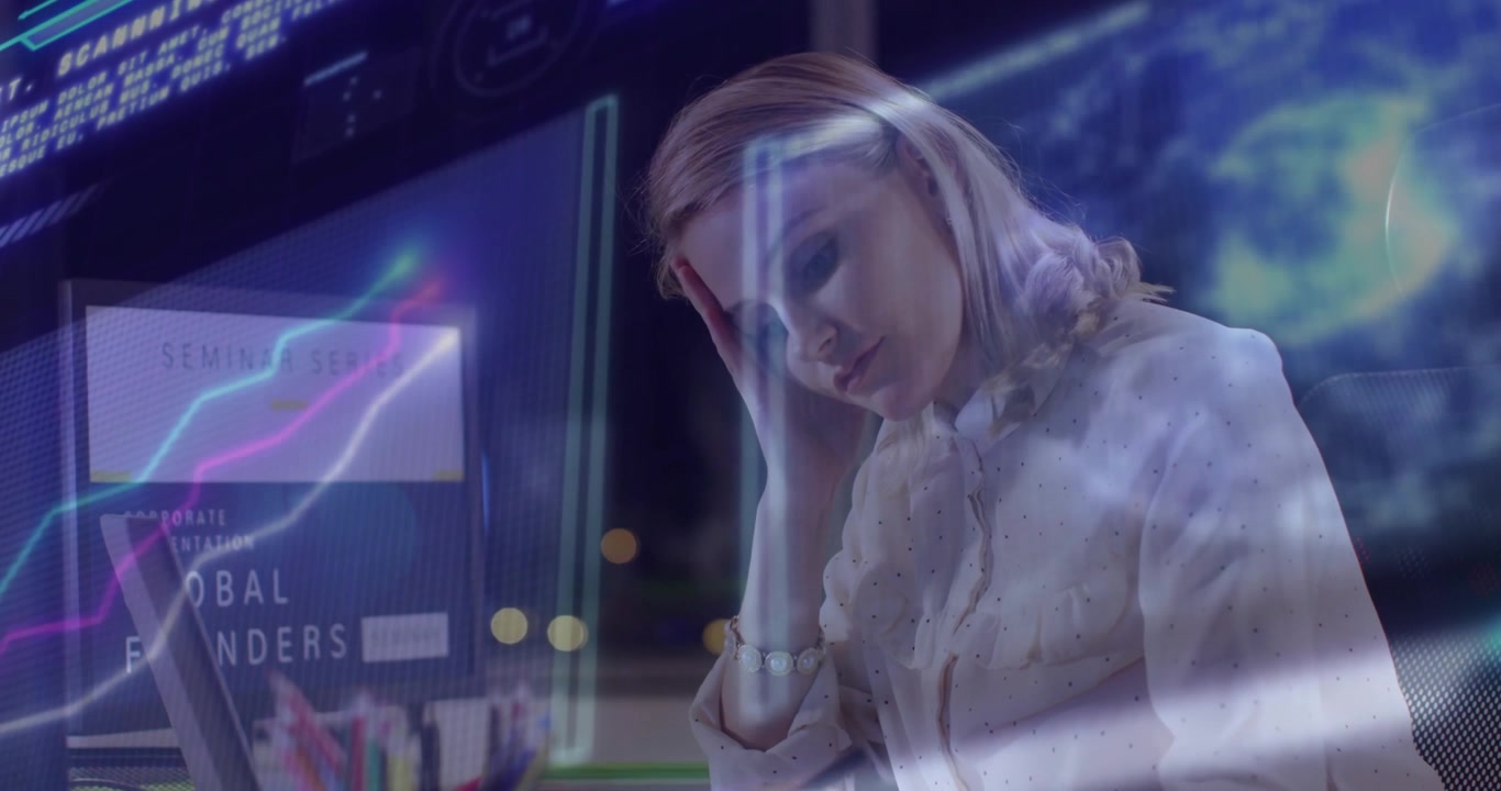 Monitor displaying Global Founders initiating chart code galaxy overlays on analyst gazing typing