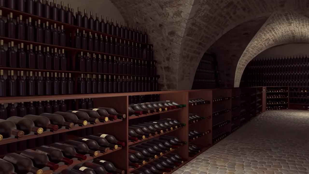 A vast wine cellar with rows of wine bottles on wooden shelves and stone arches