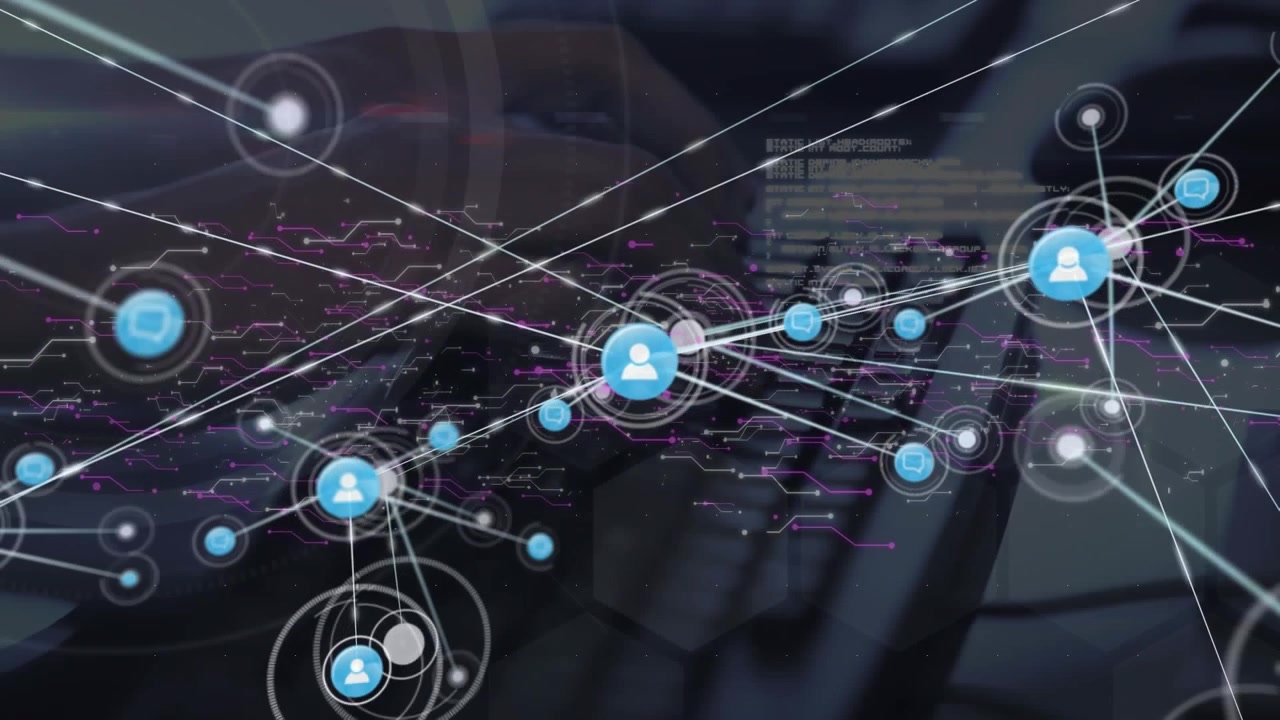 Animation of network of connections with icons and data processing over computer keyboard
