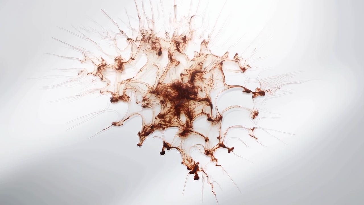 A small dark brown ink splatter with thin radiating streaks sits near the center of a bright white background, creating a minimal abstract composition