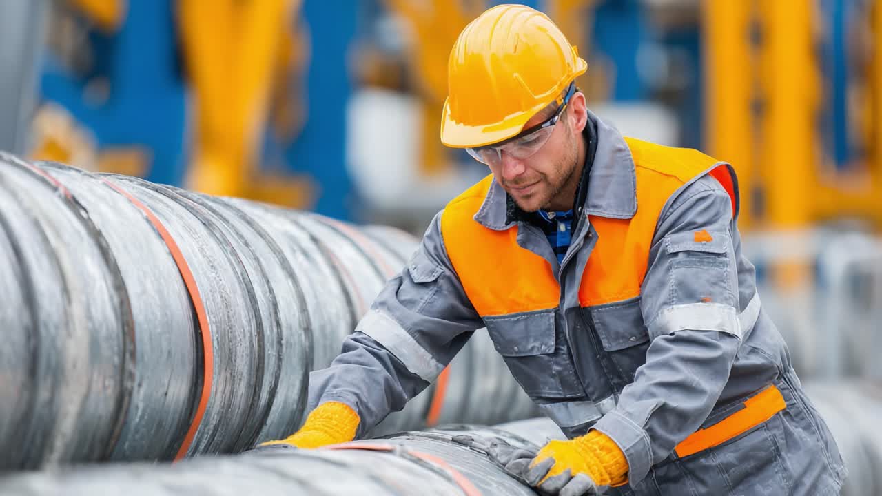 Operaio concentrato con indumenti protettivi esegue un controllo qualità su materiali industriali arrotolati in un cantiere edile affollato