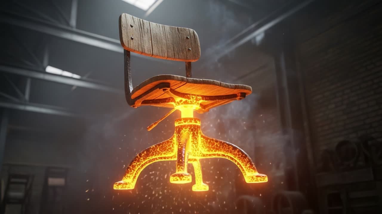 An Enigmatic Floating Chair: A Stunning Visual Representation of Transformation and Energy Captured in a Workshop Setting with a Fiery Glow