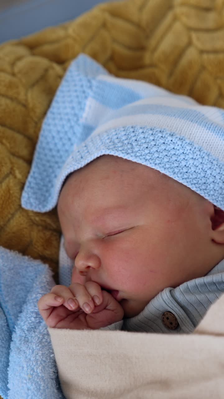 Neonato carino che dorme sdraiato in una culla. Bambino in copertina blu che tiene la manina vicino alla bocca. Vista dall'alto. Video verticale
