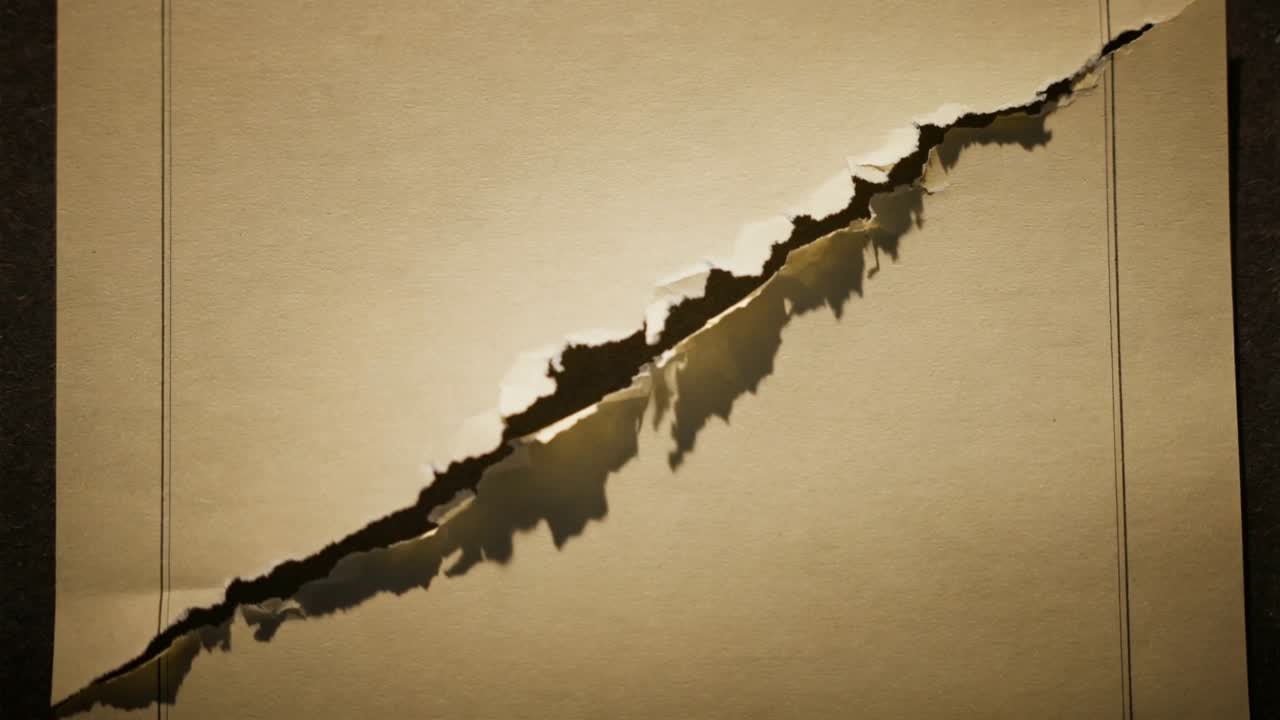 Peeling diagonal torn flap on beige paper, curling under upper-left light, revealing darker backing