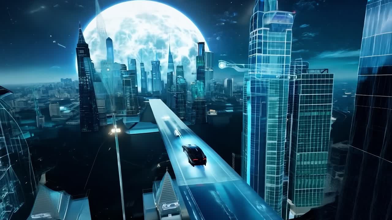 하늘에 거대한 달과 함께 밤에 미래의 도시, 도로에서 운전하는 자동차