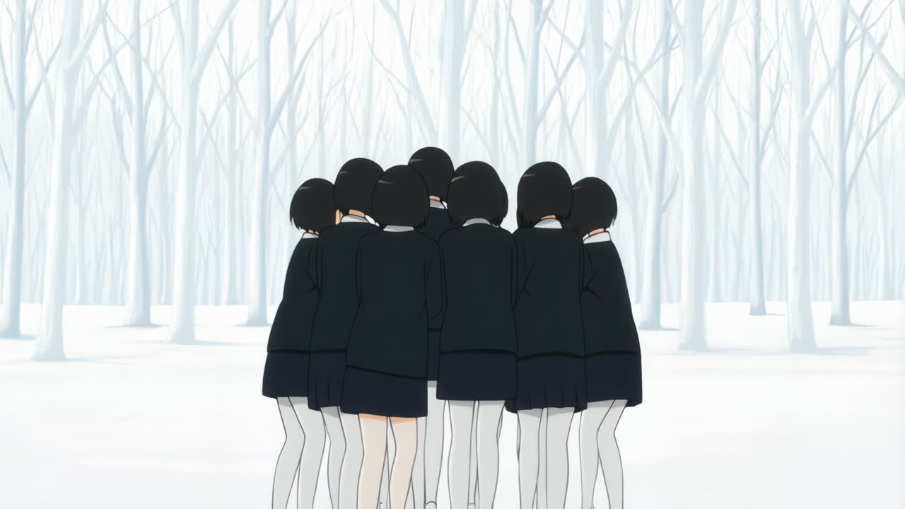 Group of Schoolgirls in a White Winter Forest