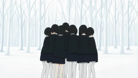group of schoolgirls in a white winter forest