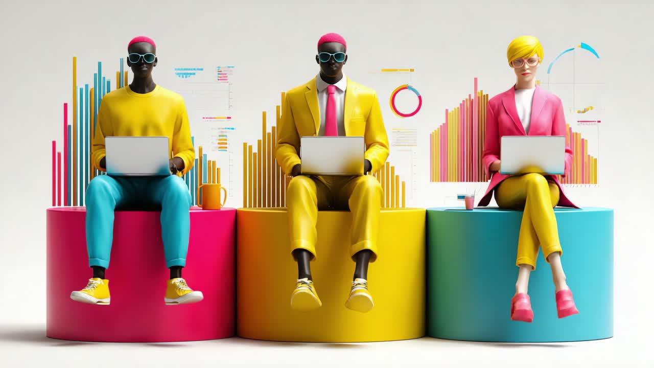 A vibrant trio of stylized characters focused on their laptops while surrounded by colorful data visualizations, showcasing creativity and modern collaboration in a lively workspace