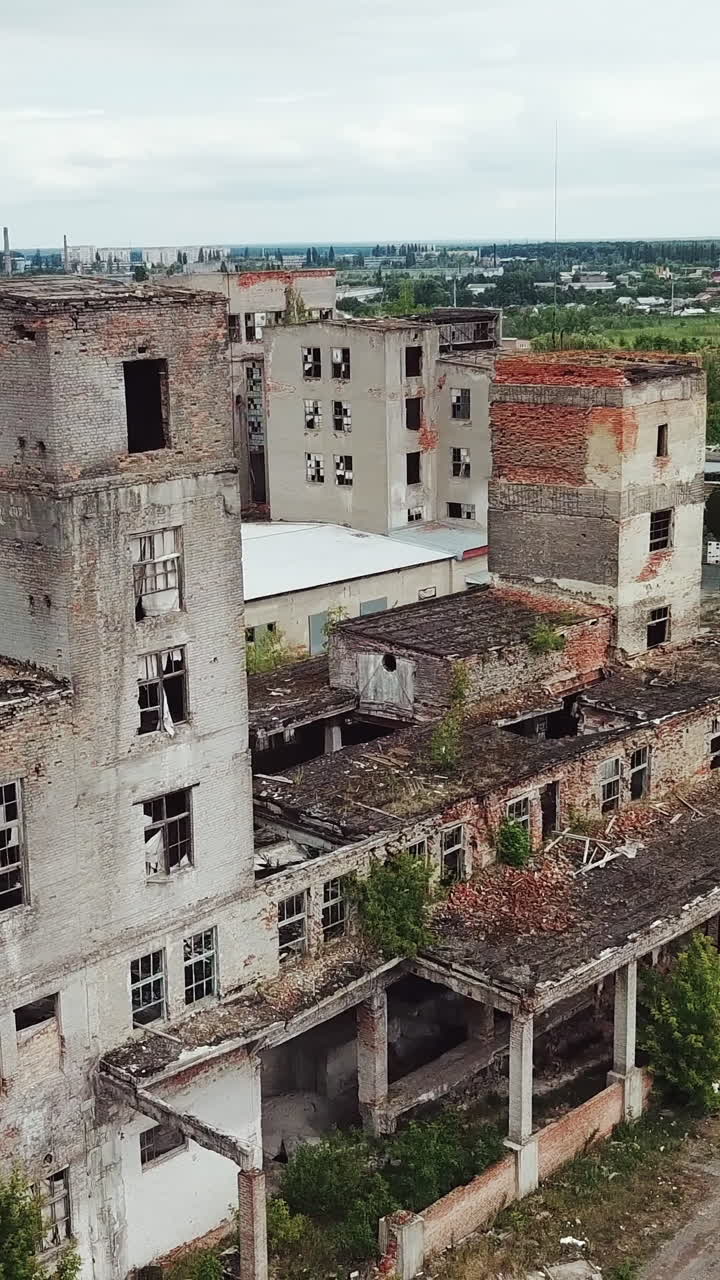 Ruins of an old factory. Abandoned building was covered with grass and trees. Holes and cracked in the walls and ceiling. Aerial view. Vertical video