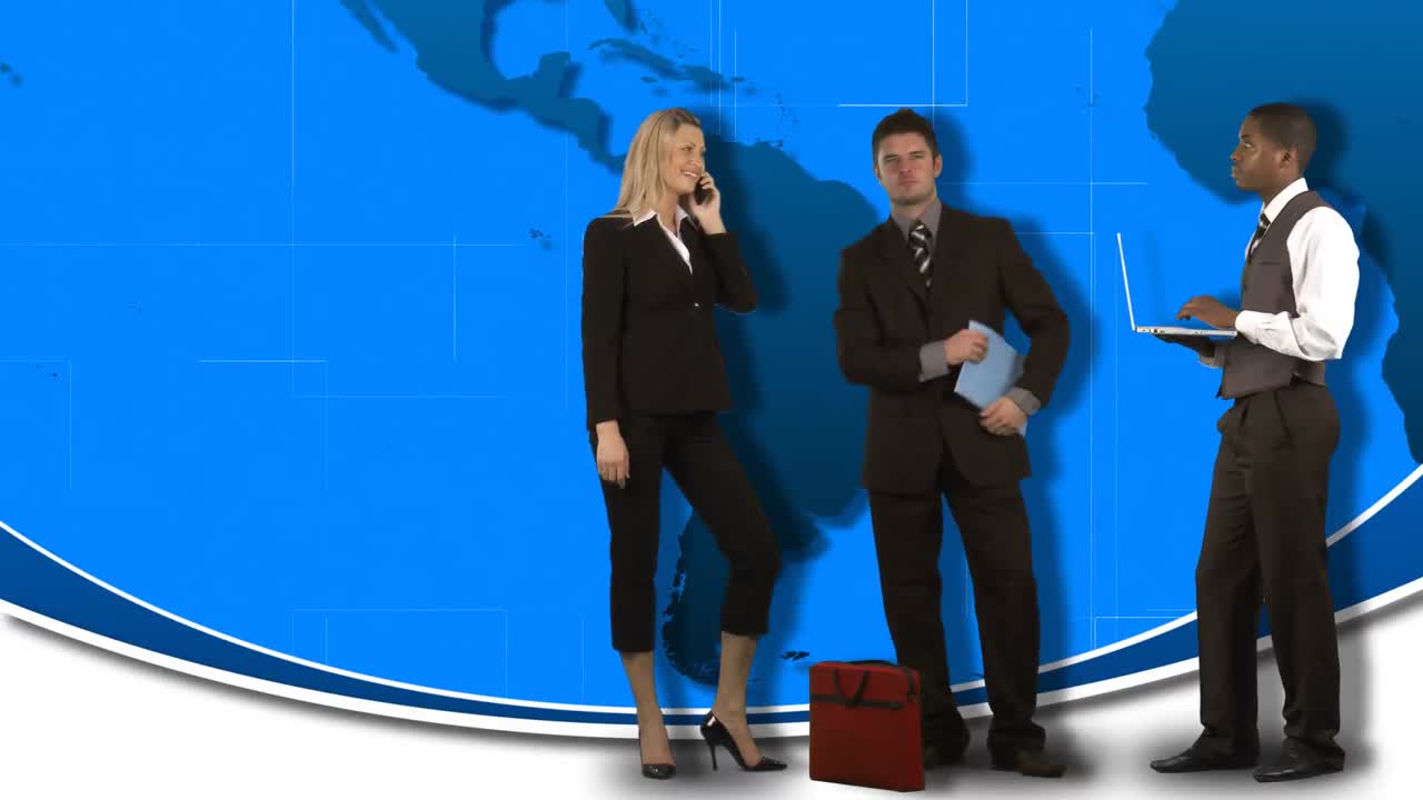animación de personas de negocios de pie con el mundo en el fondo
