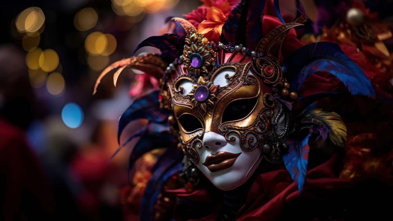 Primo piano di una maschera veneziana riccamente decorata con piume e gioielli, che evoca un'atmosfera misteriosa di carnevale