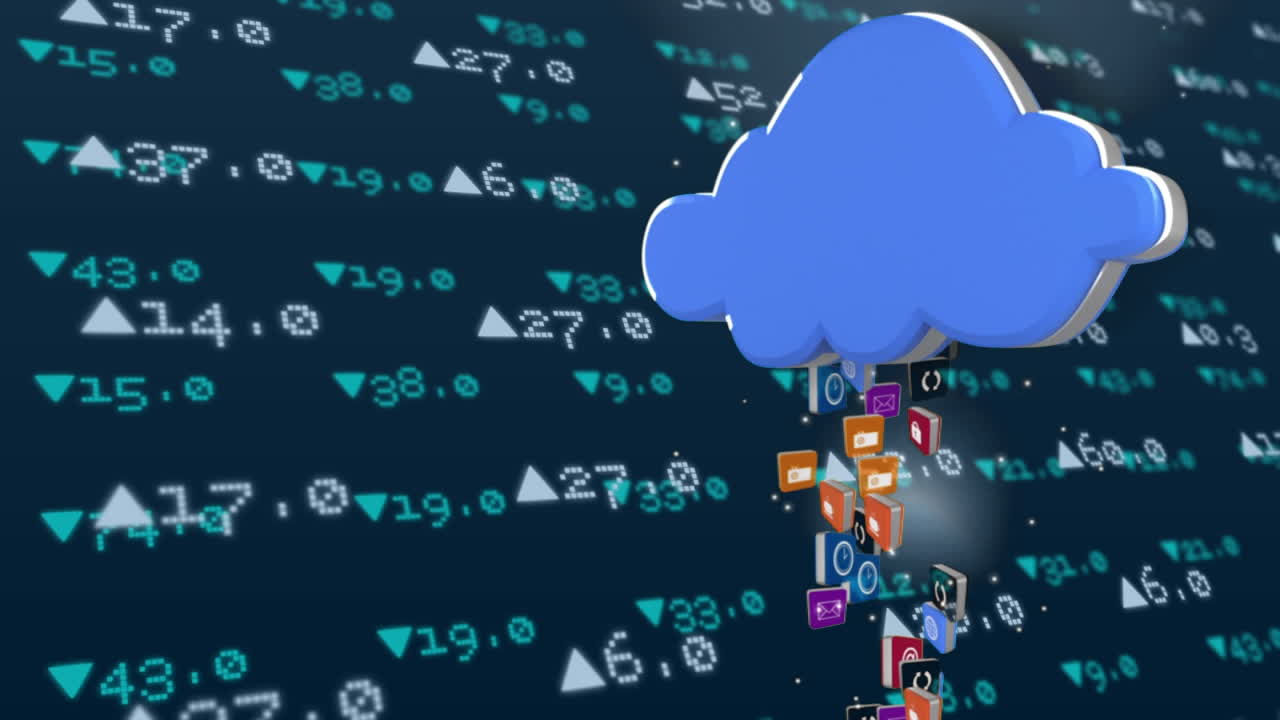 iconos que se elevan en una nube azul mientras los datos se elevan y caen en el fondo