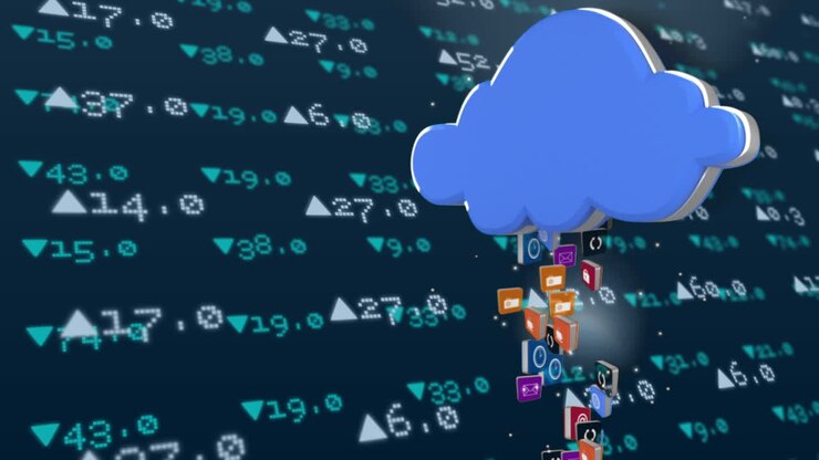 Icons rising into a blue cloud while data rises and falls in the background