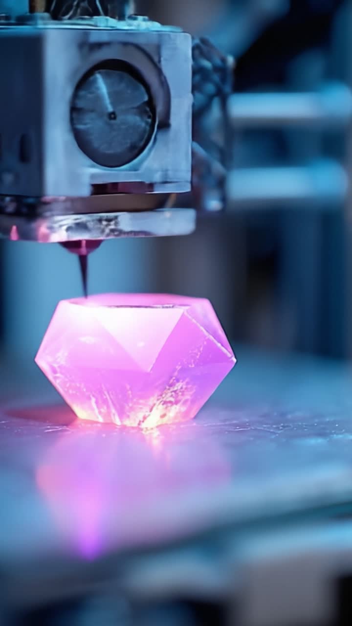 A High-Precision 3D Printer Creating a Stunning Jewel-Like Gem, Showcasing Advanced Technology and Artistic Craftsmanship in Contemporary Manufacturing Processes