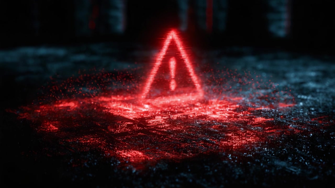 Oplyst rødt advarselssymbol på en mørk overflade, der skaber en uhyggelig og ildevarslende atmosfære med funklende partikler og mystik omkring dets tilstedeværelse.