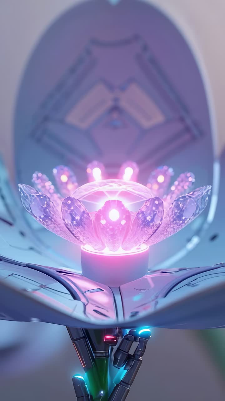 Vertical video: Surging power activating robotic flower in lab, with glowing orb and petals