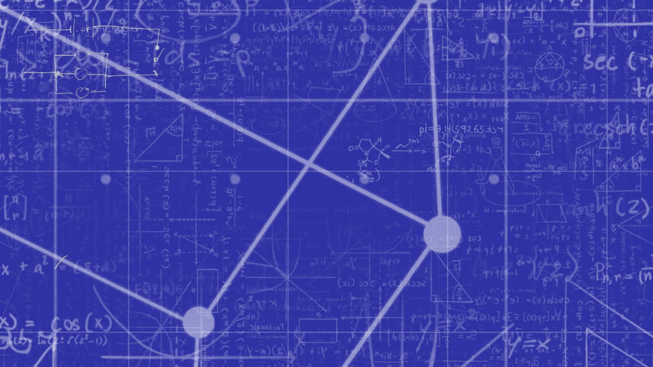 파란색 배경 위에 수학적 데이터 처리의 애니메이션