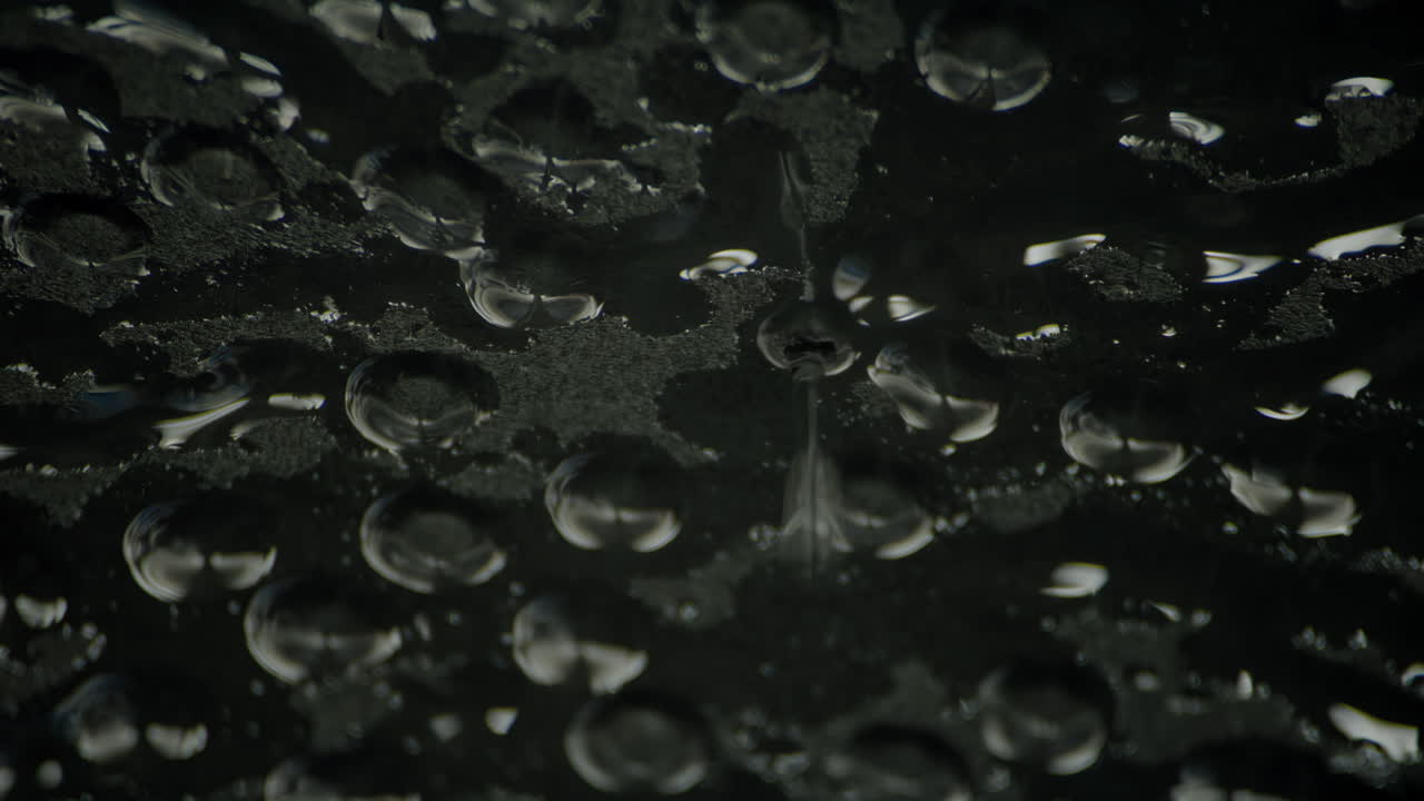 Dark cinematic close-up of water dripping from a leaking ceiling, with moody lighting, murky shadows, and atmospheric detail evoking mystery, decay, and haunting urban beauty