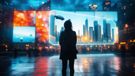 woman contemplating a futuristic city hologram