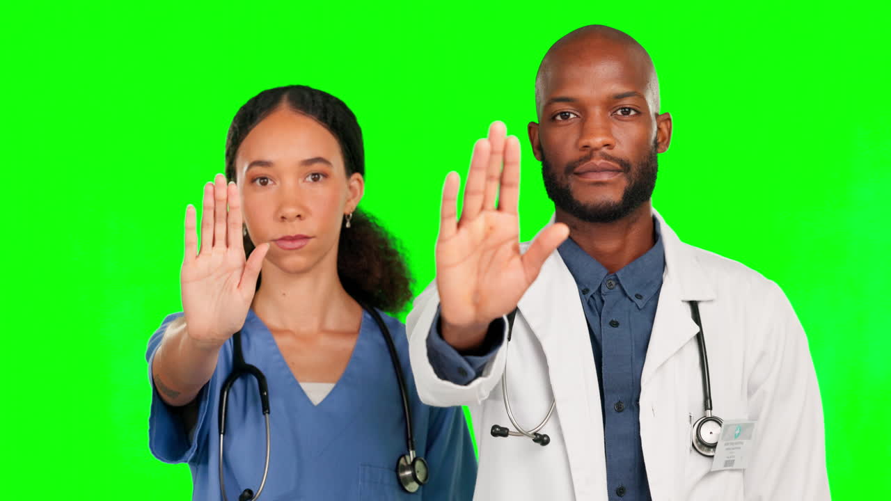 녹색 화면의 의사와 함께 멈추고, 손과 간호사