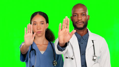 parada, mano y enfermera con el médico en pantalla verde
