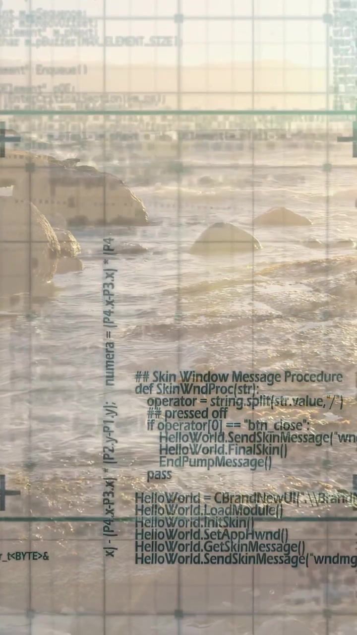 Vertical video: Grid overlay shifting on start, revealing rocky shoreline and waves for clear view