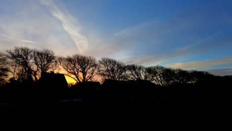 sunset silhouette of houses and trees
