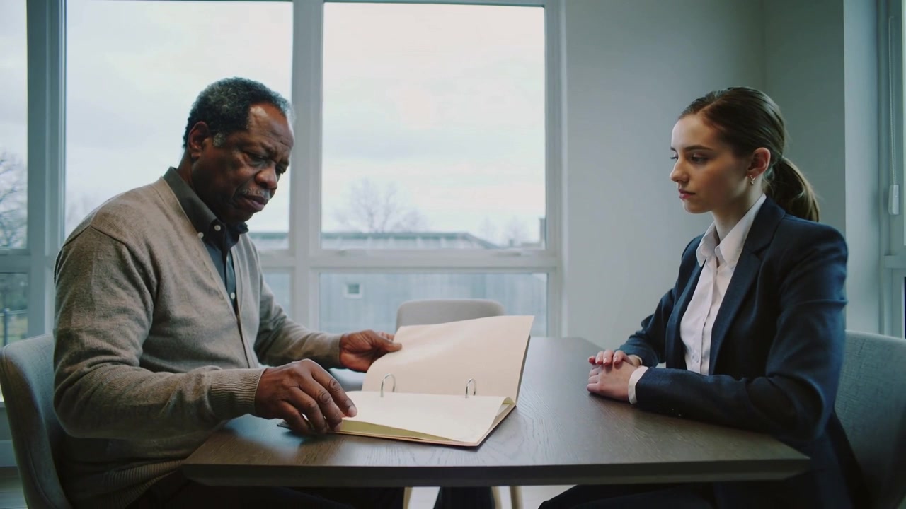 Un homme en cardigan posant un classeur et parcourant des documents pour une réunion, tandis qu'une femme en blazer parle.