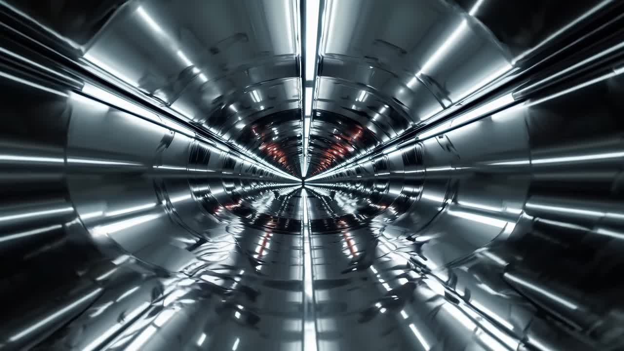 Gleaming white neon lights casting luminous glow across sleek chrome tunnel, stretching metallic passageway toward vanishing point with futuristic architectural perspective