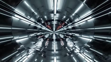 gleaming white neon lights casting luminous glow across sleek chrome tunnel, stretching metallic passageway toward vanishing point with futuristic architectural perspective