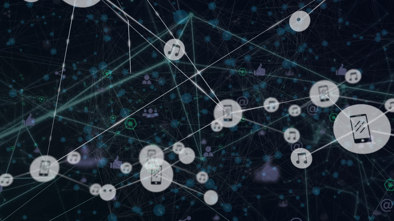 블랙 배경에 데이터를 전송하는 음악 및 미디어 아이콘 네트워크의 애니메이션