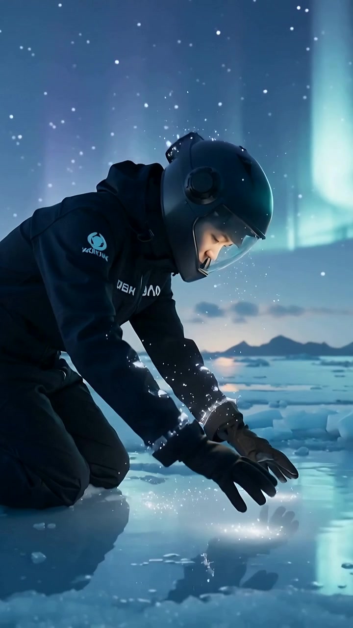 Vertical video: Spotting ice patch, helmeted explorer pressing gloves on polar ice, studying glow