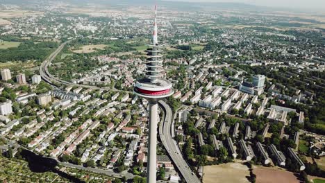 flying-around-the-Television-tower-od-Frankfurt-am-Main,-Germany