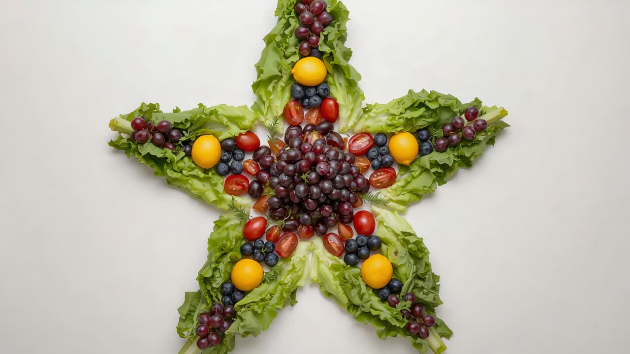 Una telecamera esegue una panoramica, restringendo l'inquadratura verso l'interno, mettendo in risalto una stella di lattuga con uva e accenti di frutta su un piano d'appoggio.