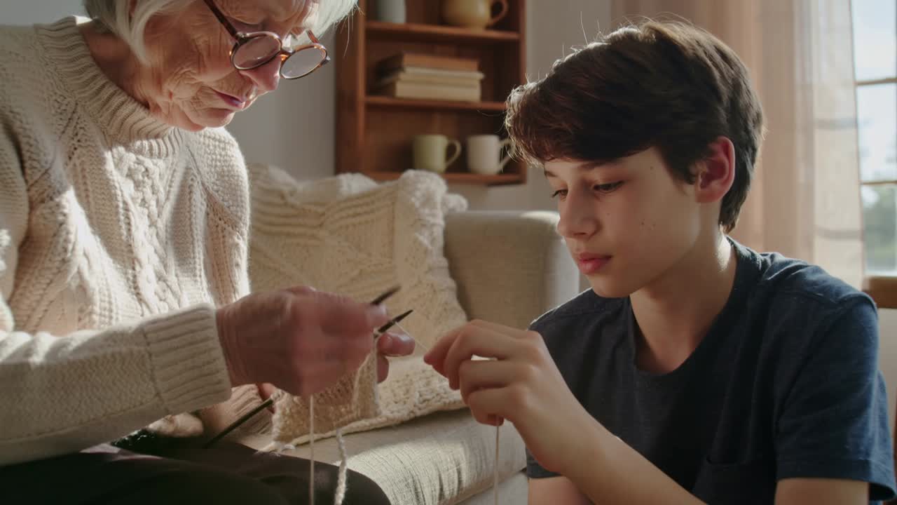 Starting knitting stitch lesson grandma guiding grandson's fingers on needles at home, with yarn
