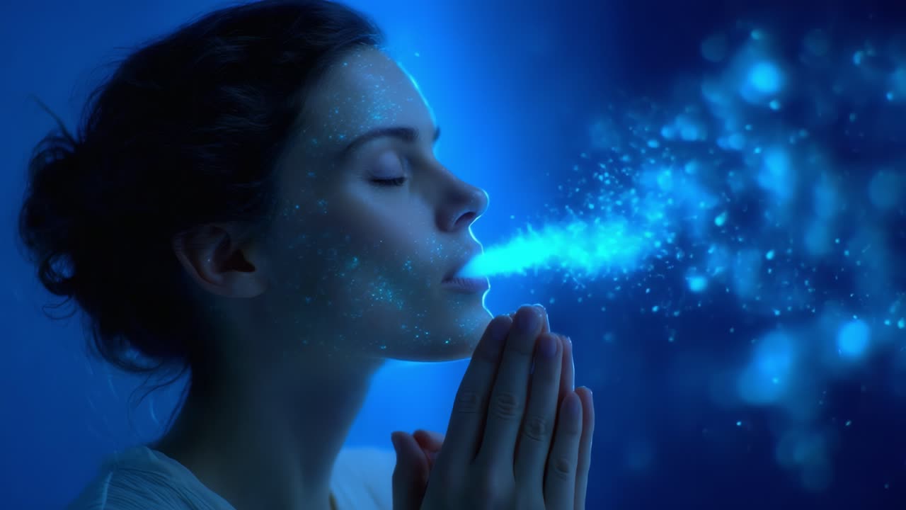 A Serene Moment of Reflection: Capturing Tranquility Through Ethereal Light and Contemplative Expression in a Dreamlike Blue Environment