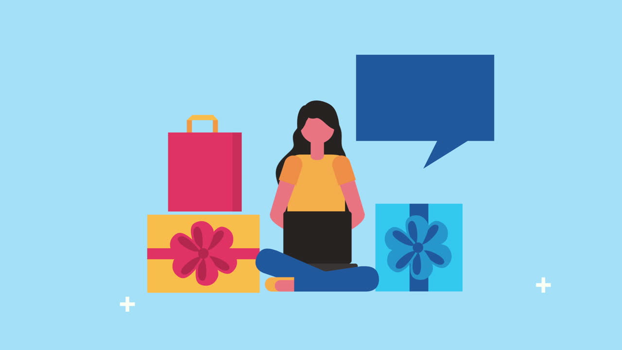 전자상거래 기술 아이콘을 가진 노트북을 사용하는 여성