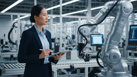 woman engineer controlling robotic arm with tablet in modern factory
