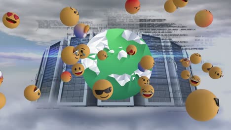 Emojis-Mit-Mehreren-Gesichtern-über-Dem-Globus-Und-Computerservern-Und-Datenverarbeitung-Vor-Wolken-Am-Himmel