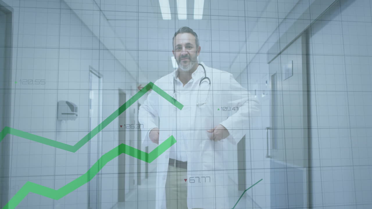 médico en el pasillo con la animación del gráfico de crecimiento financiero sobre el fondo de la cuadrícula