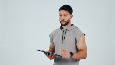 fitness, invite and man on tablet in studio