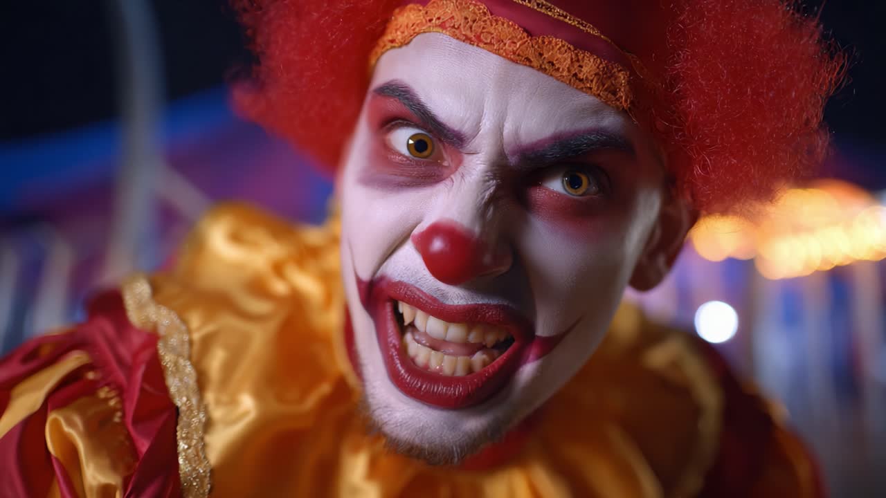 A clown in vibrant costume displays an intense expression, showcasing a blend of theatrical makeup and bright colors, amplifying the eerie ambiance of the scene