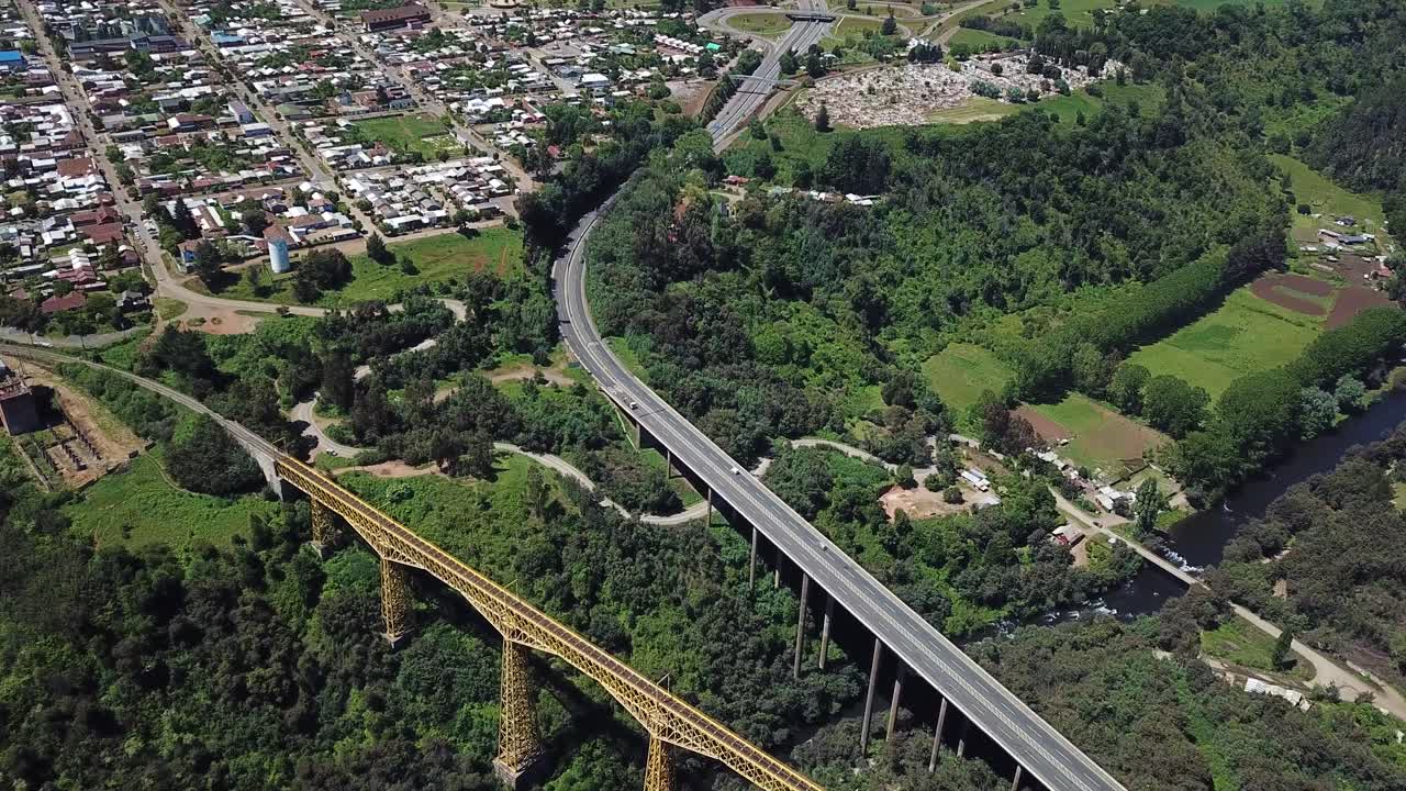 Cinematic Aerial View of Malleco Viaduct and Panamericana Highway Bridge in Callipulli, Chile
