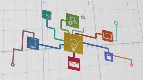 animation of network of digital icons over grid network in seamless pattern against grey background