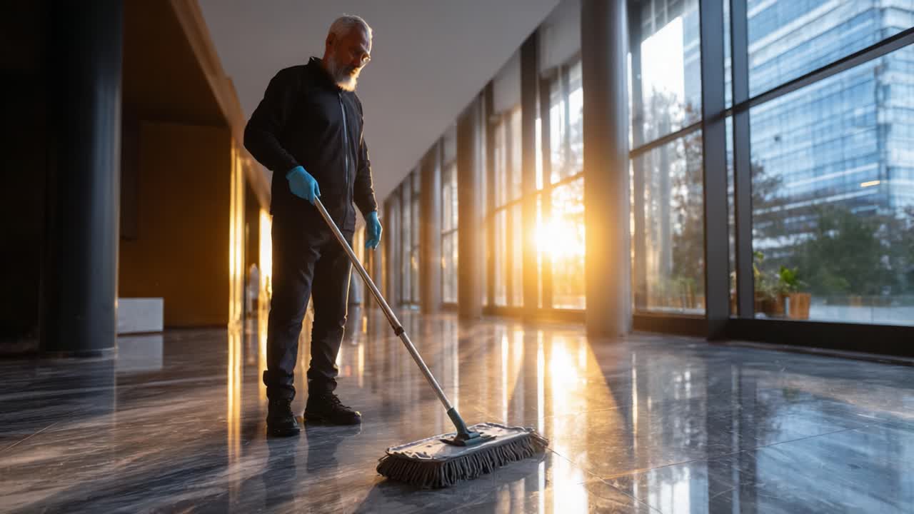 A Dedicated Worker Cleaning the Marble Floor at Sunset, Showcasing the Harmony Between Hard Work and Natural Beauty in a Modern Space