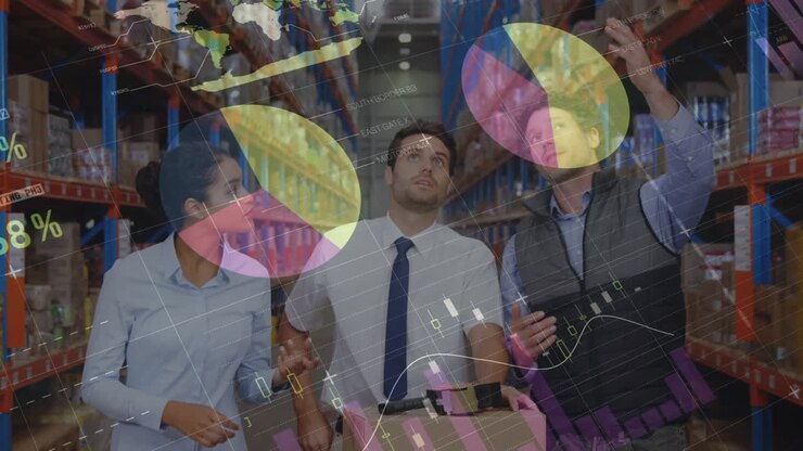 Animation of data processing and statistics over diverse people working in warehouse