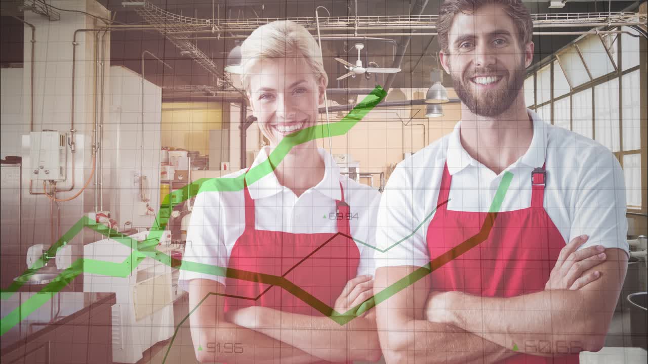 Zwei BesitzerInnen stehen im Laden, Finanzdiagramm-Overlay startet, kreuzen Oberkörper und zeigen Wachstum