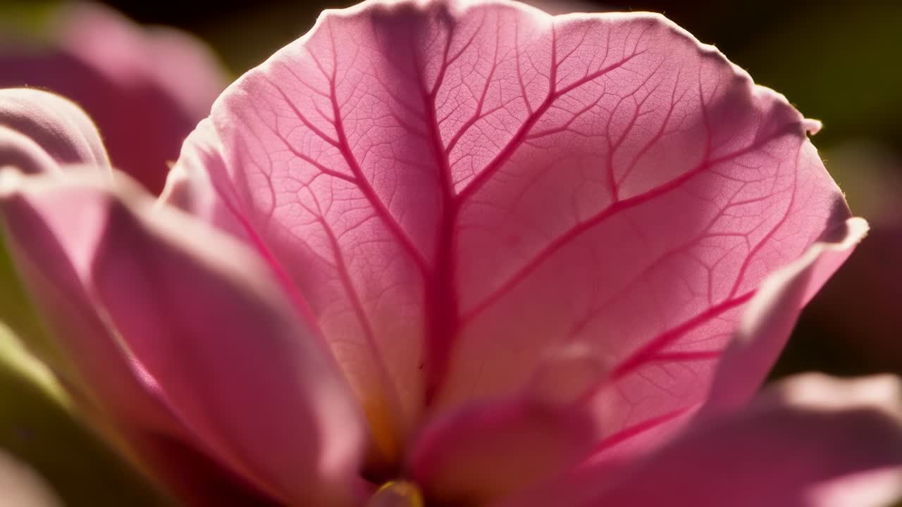 Camera che si avvicina a un singolo petalo rosa in un giardino, rivelando le venature e la retroilluminazione