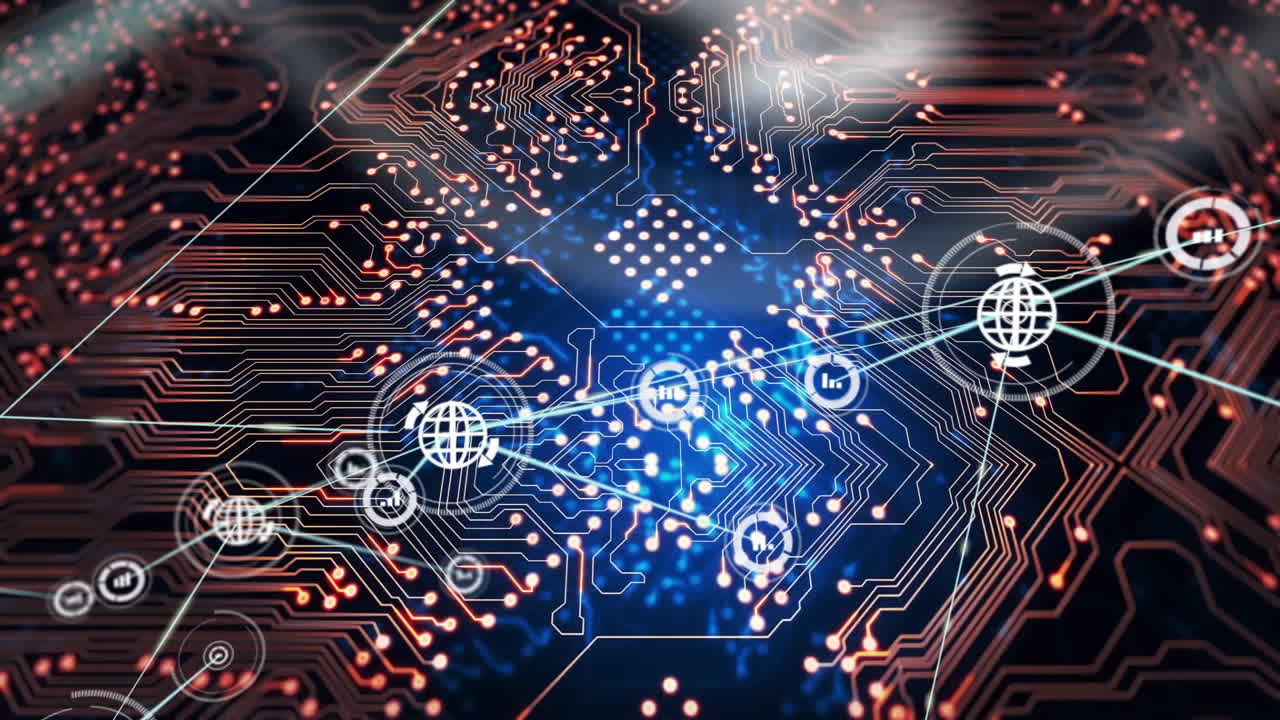 Circuit board with glowing connections and data processing animation